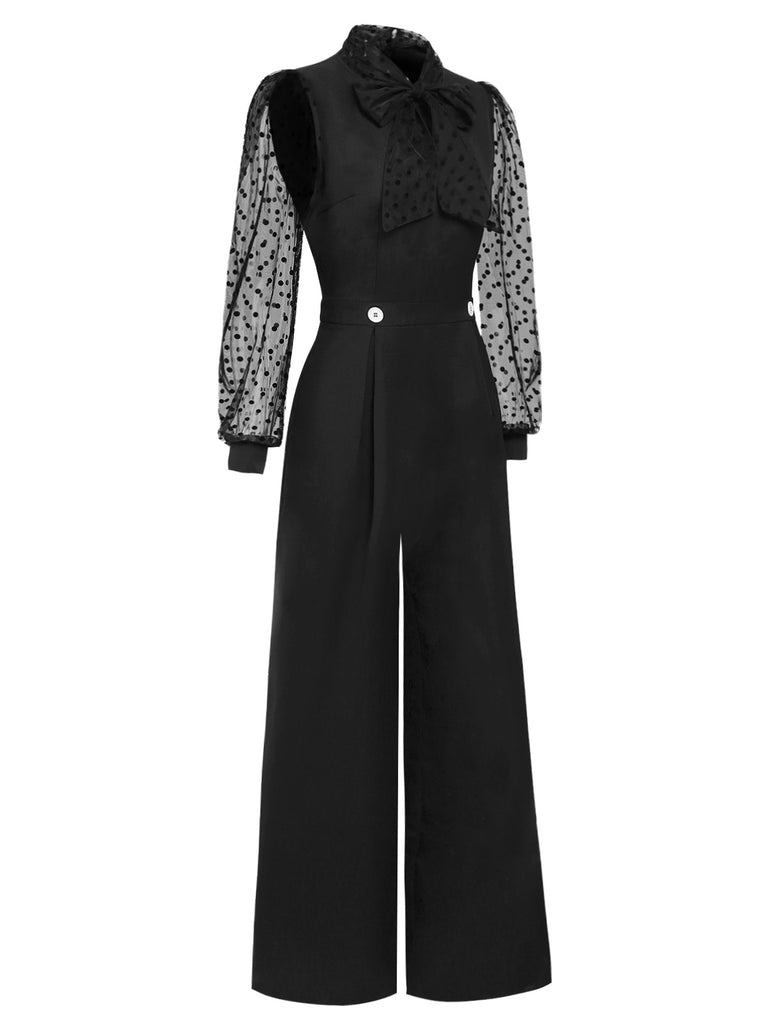 [Pre-Sale] Black 1930s Polka Dot Mesh Tie Neck Jumpsuit