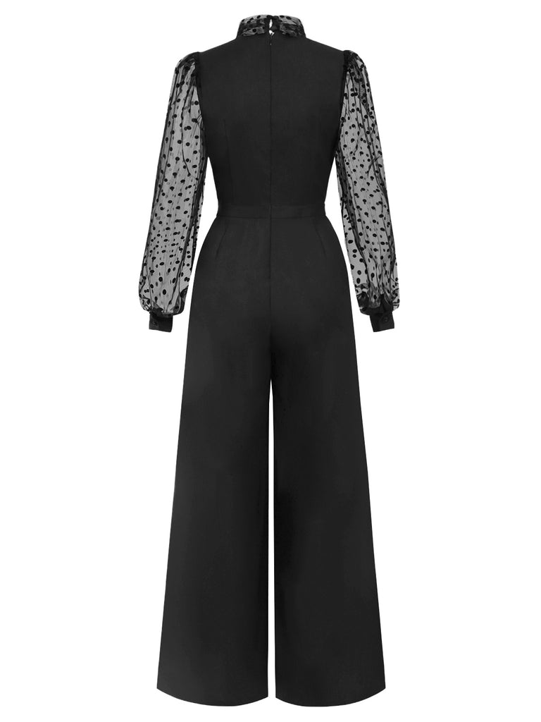 [Pre-Sale] Black 1930s Polka Dot Mesh Tie Neck Jumpsuit