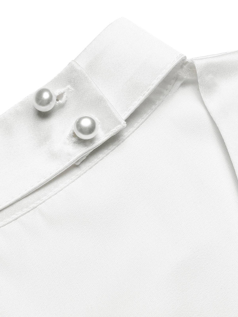 [Pre-Sale] White 1940s Round Neck Satin Puff Sleeve Blouse