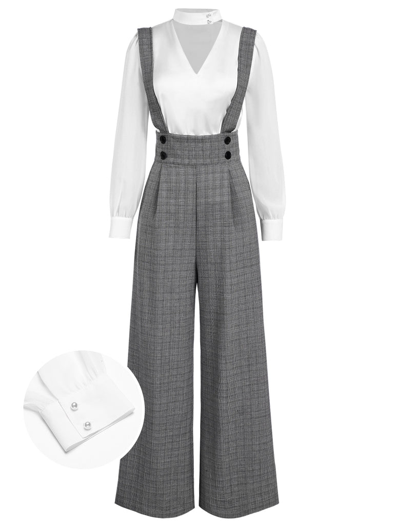 [Pre-Sale] 2PCS 1940s Satin Puff Sleeve Blouse & Glen Plaid Overall Pants