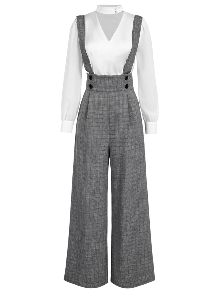 [Pre-Sale] 2PCS 1940s Satin Puff Sleeve Blouse & Glen Plaid Overall Pants