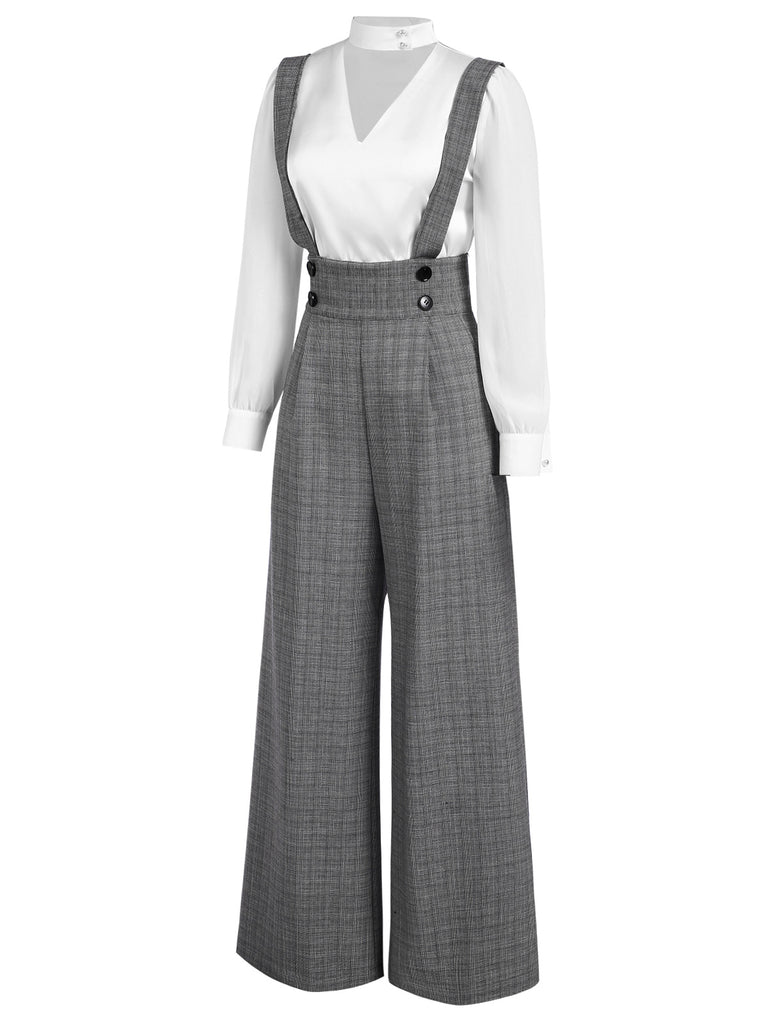 [Pre-Sale] 2PCS 1940s Satin Puff Sleeve Blouse & Glen Plaid Overall Pants