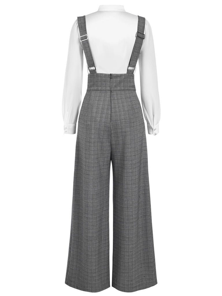 2PCS 1940s Satin Puff Sleeve Blouse & Glen Plaid Overall Pants