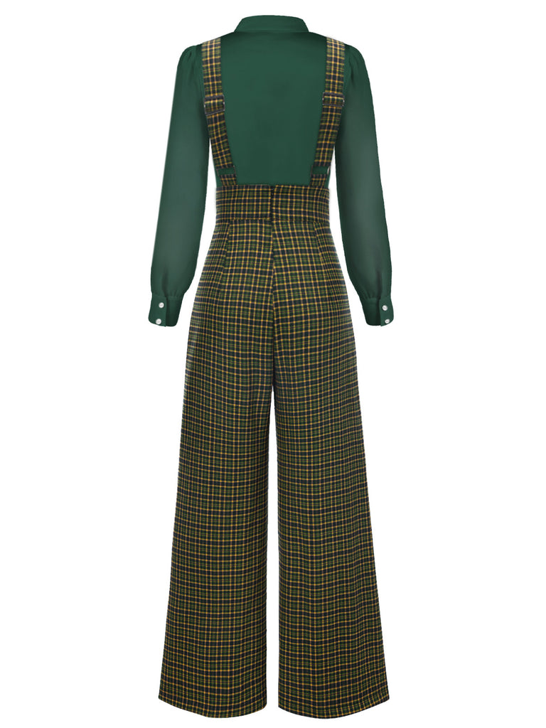 [Pre-Sale] 2PCS 1940s Satin Puff Sleeve Blouse & Glen Plaid Overall Pants