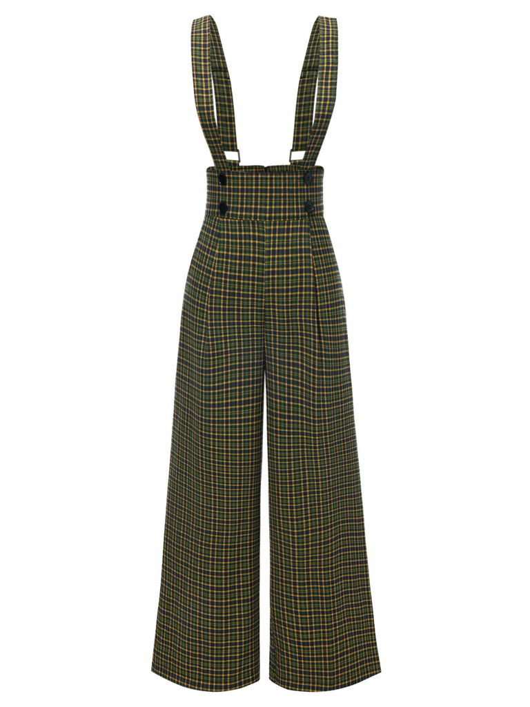 Gray 1940s Glen Plaid Buttoned Overall Pants