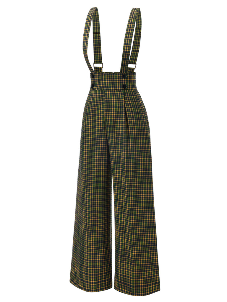 Gray 1940s Glen Plaid Buttoned Overall Pants