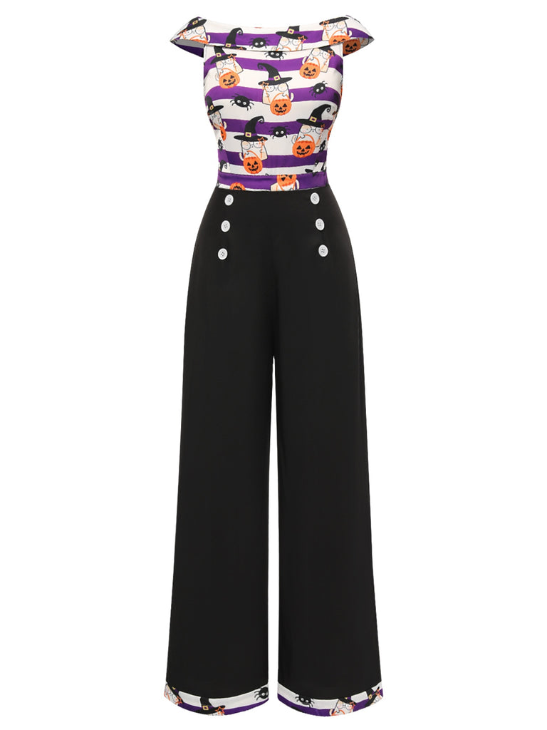 [Pre-Sale] Black 1950s Pumpkin Off Shoulder Patchwork Jumpsuit