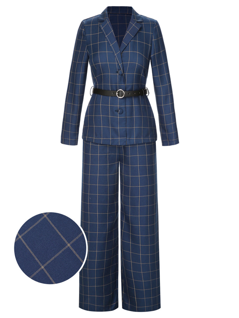 [Pre-Sale] 2PCS 1940s Royal Blue Plaid Lapel Coat & Pants