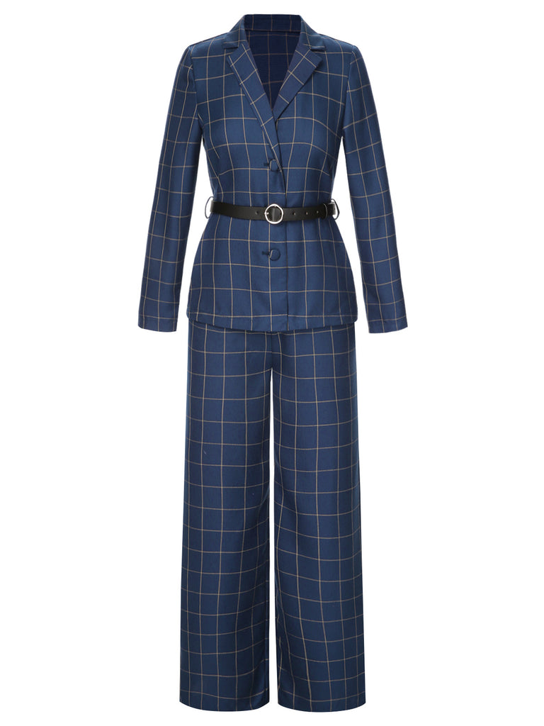 [Pre-Sale] 2PCS 1940s Royal Blue Plaid Lapel Coat & Pants