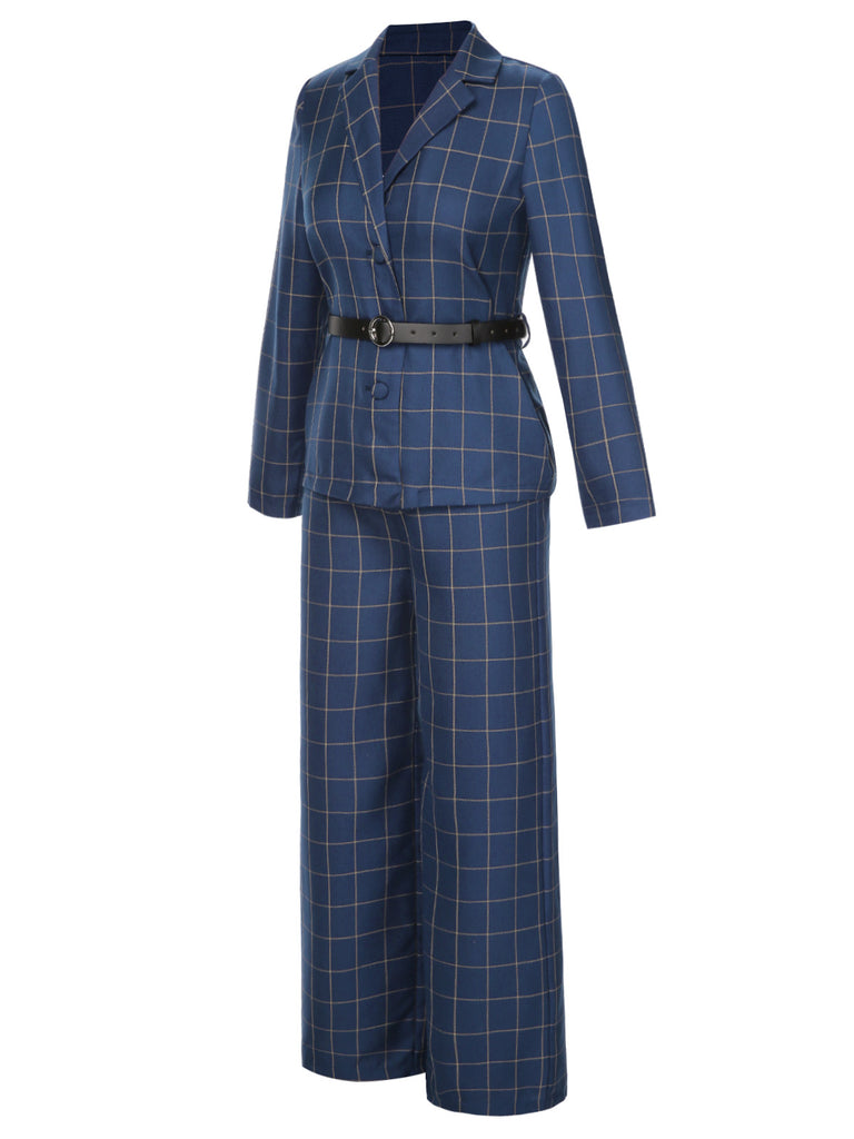 [Pre-Sale] 2PCS 1940s Royal Blue Plaid Lapel Coat & Pants