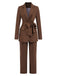 2PCS Brown 1960s Lace-up Blazer Coat & Pants Suit Set