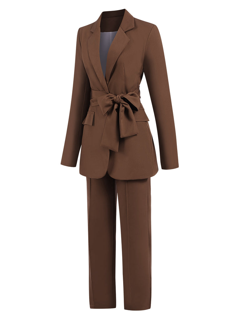 2PCS Brown 1960s Lace-up Blazer Coat & Pants Suit Set