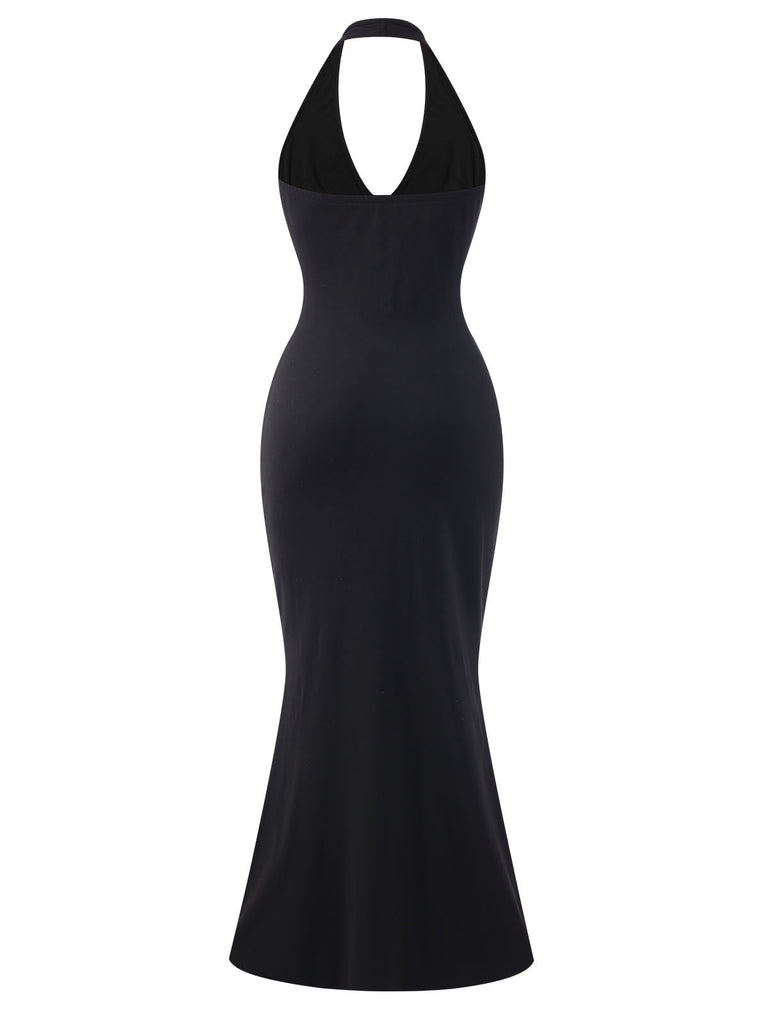 Black 1930s Solid V-Neck Halter Mermaid Dress