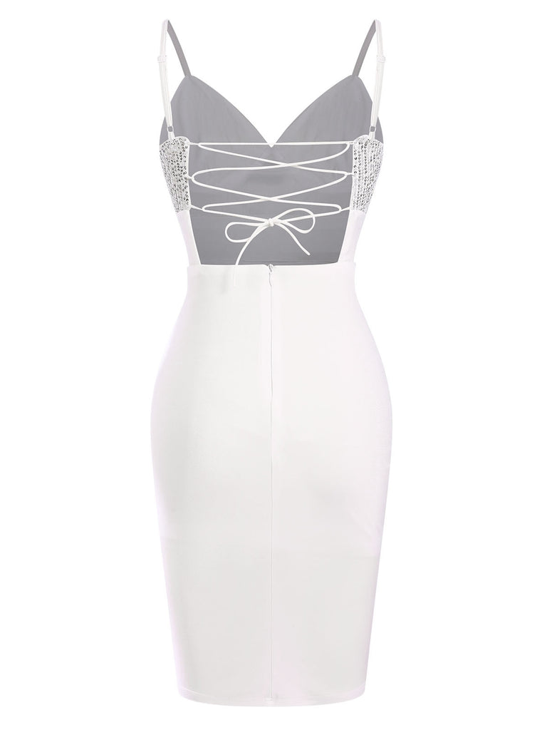 White 1960s Sequins Splicing Slit Dress