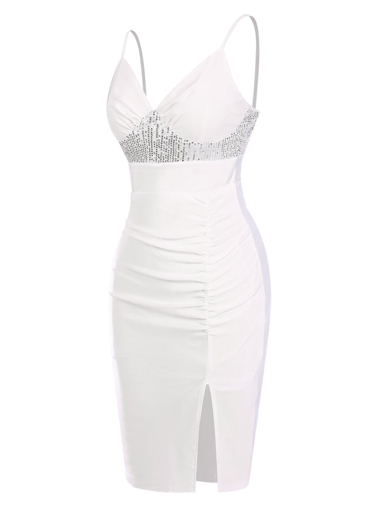 White 1960s Sequins Splicing Slit Dress