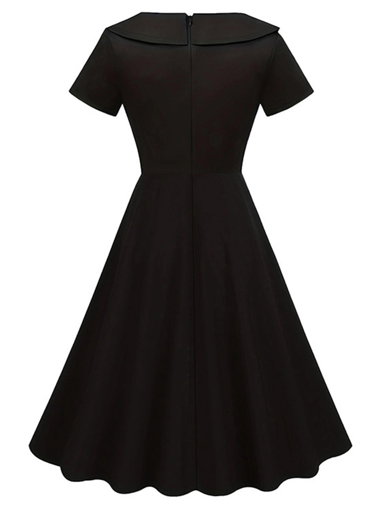 Black 1940s Solid Buttoned Lapel Dress