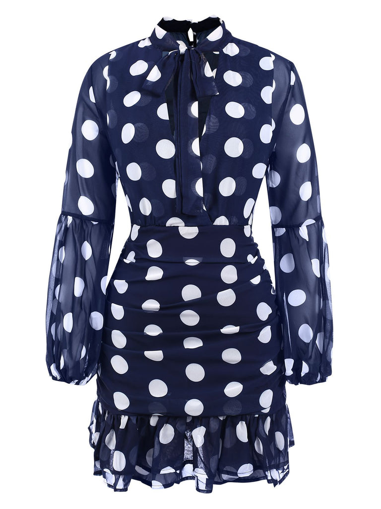 Dark Blue 1930s Polka Dots Hollow Out Ruffle Dress