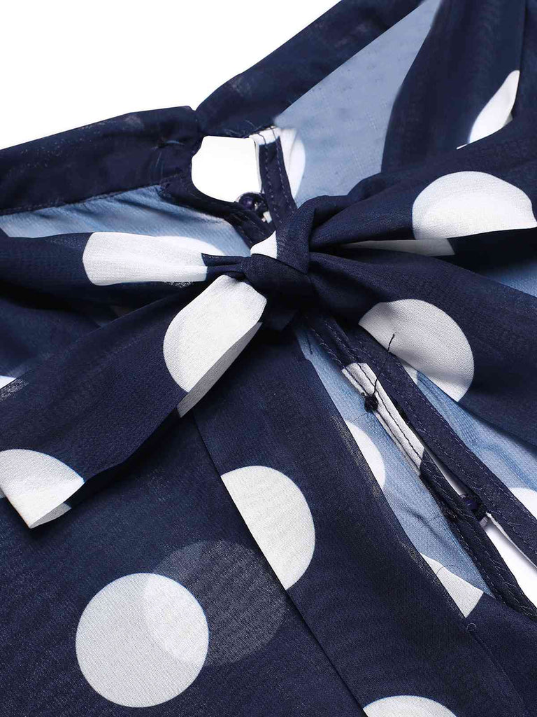 Dark Blue 1930s Polka Dots Hollow Out Ruffle Dress