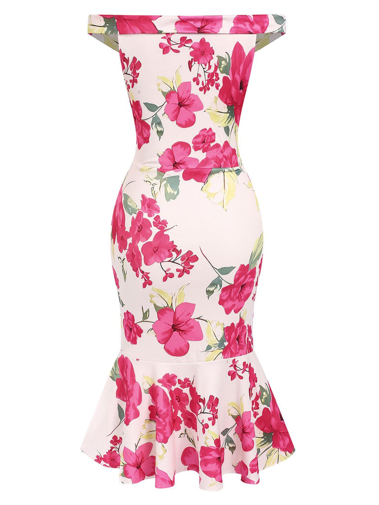 Pink 1930s Off-Shoulder Floral Mermaid Dress