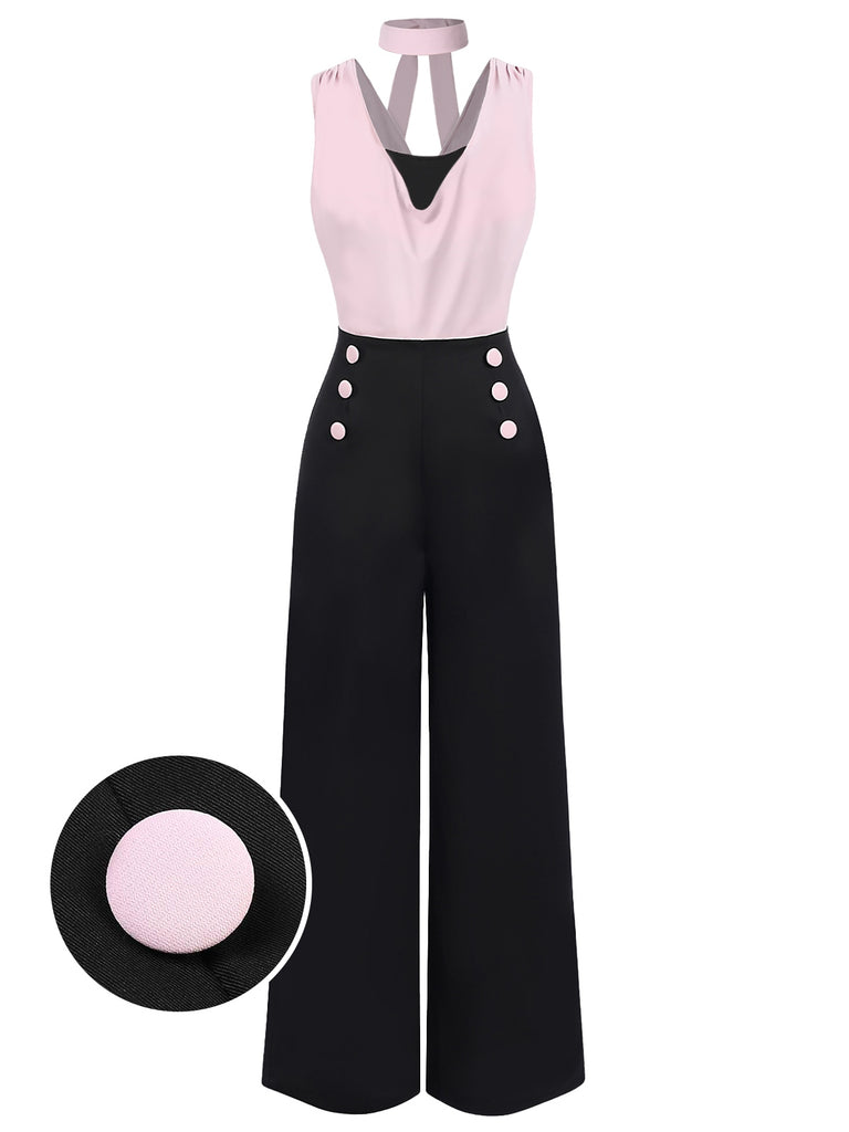 [Pre-Sale] Pink & Black 1950s Solid Sleeveless Jumpsuit With Scarf