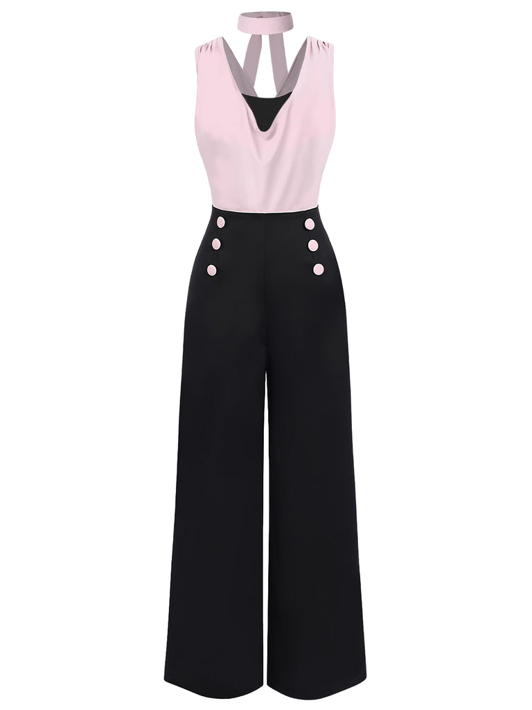 [Pre-Sale] Pink & Black 1950s Solid Sleeveless Jumpsuit With Scarf