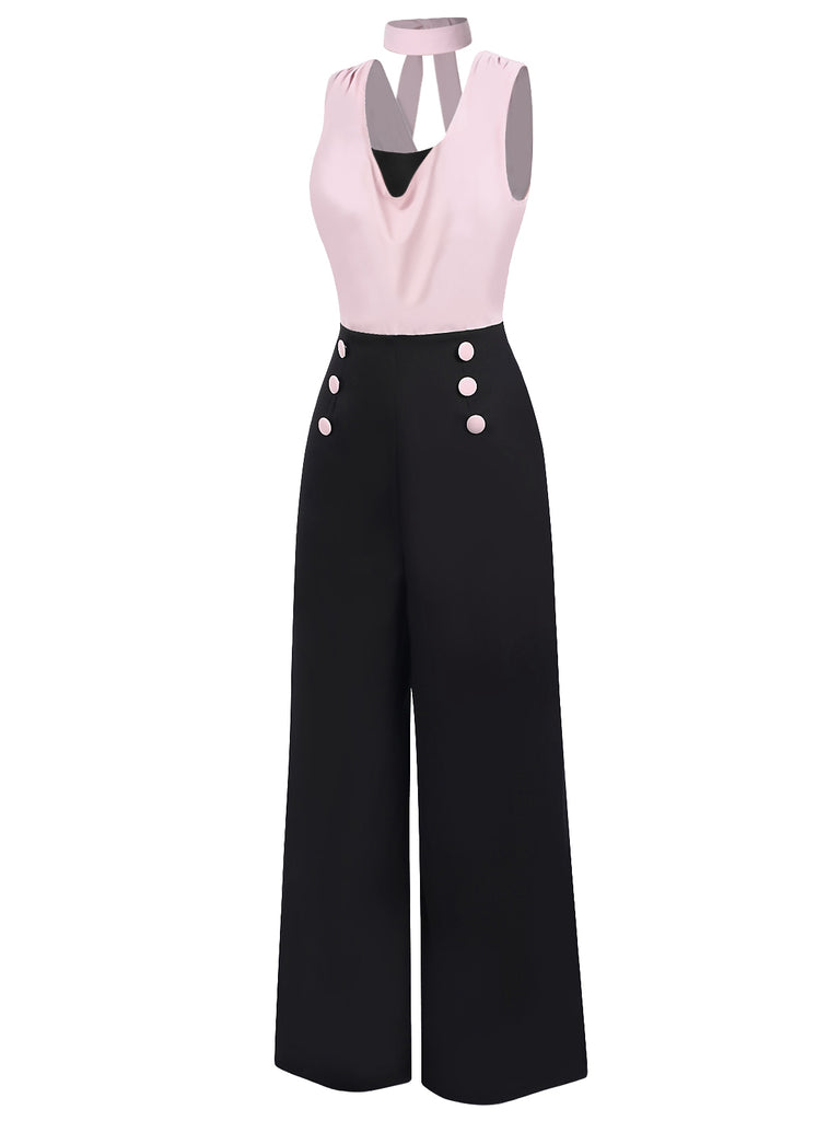 [Pre-Sale] Pink & Black 1950s Solid Sleeveless Jumpsuit With Scarf