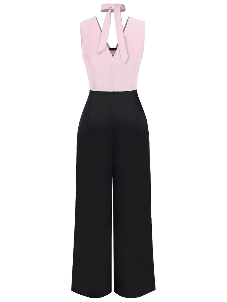 [Pre-Sale] Pink & Black 1950s Solid Sleeveless Jumpsuit With Scarf