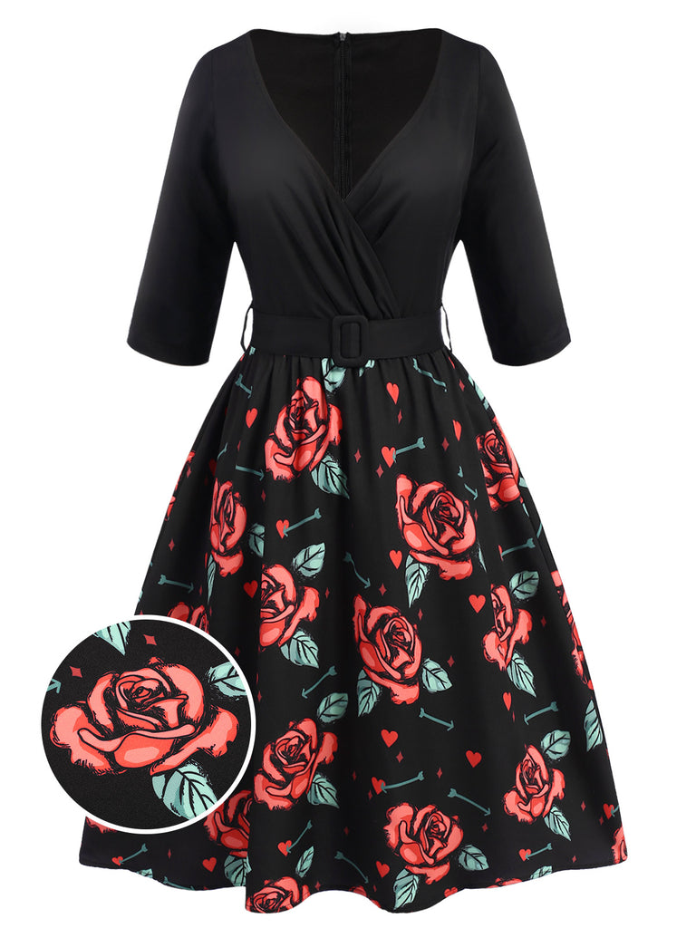 [Pre-Sale] Black 1950s Rose Belt Patchwork Dress