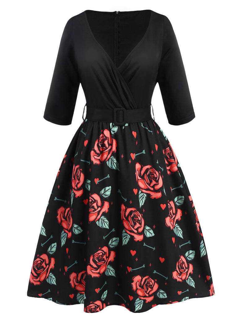 [Pre-Sale] Black 1950s Rose Belt Patchwork Dress