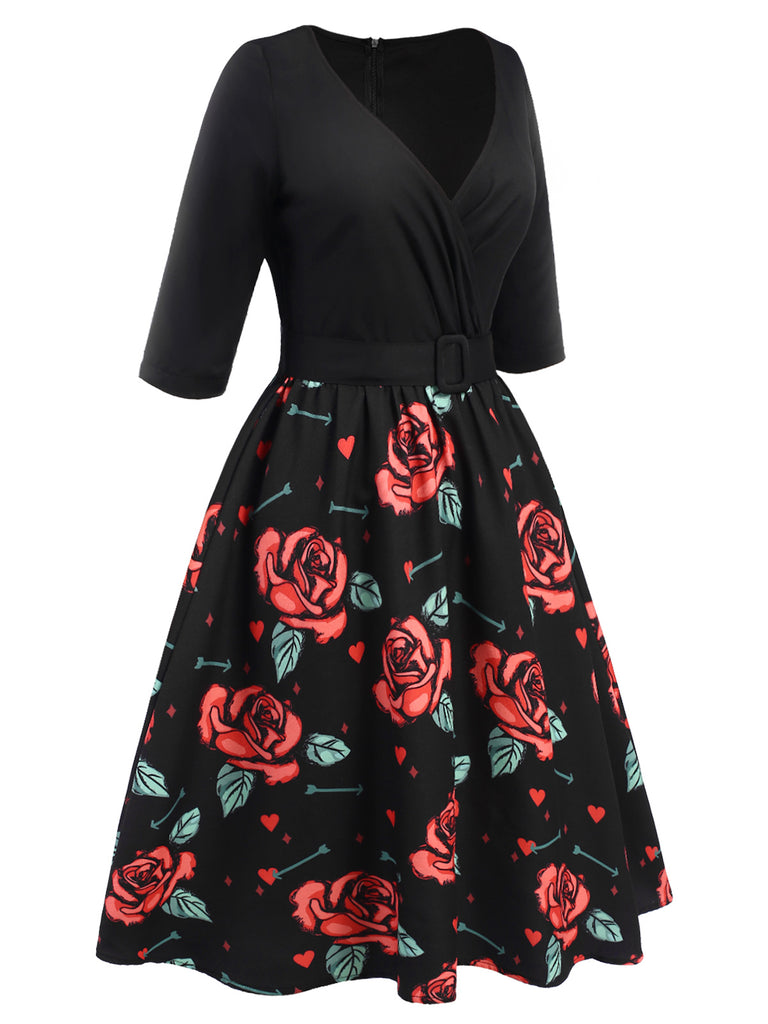 [Pre-Sale] Black 1950s Rose Belt Patchwork Dress