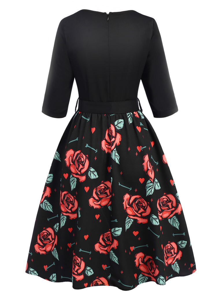 [Pre-Sale] Black 1950s Rose Belt Patchwork Dress