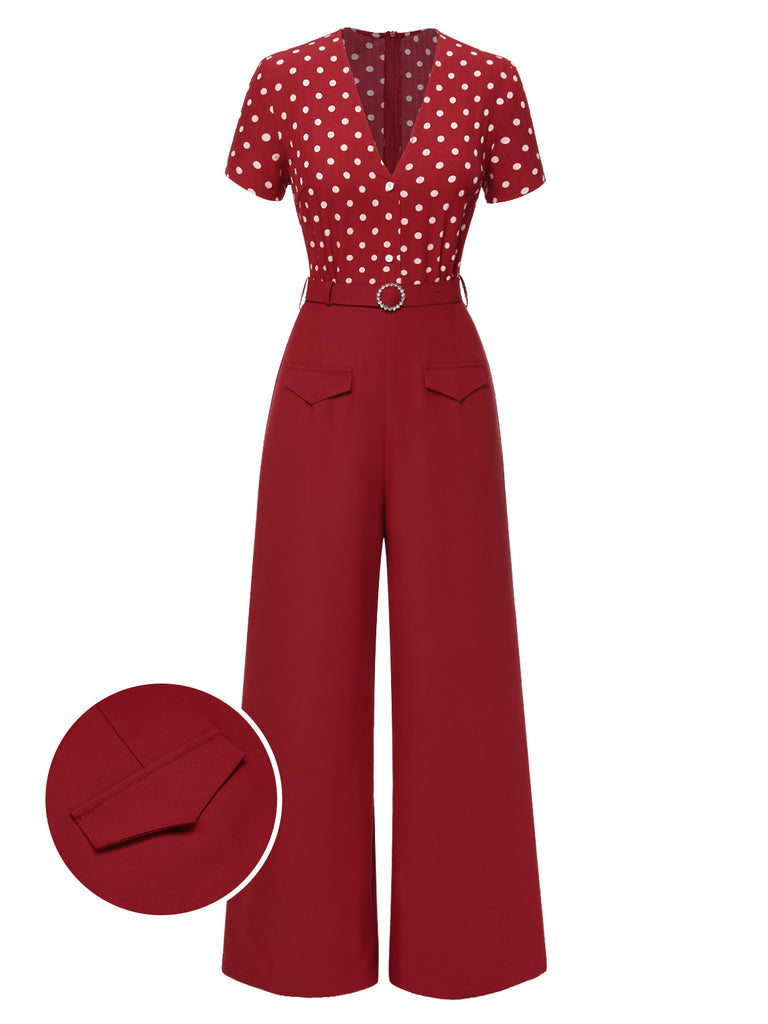 [Pre-Sale] Red 1960s Polka Dot Deep V Jumpsuit