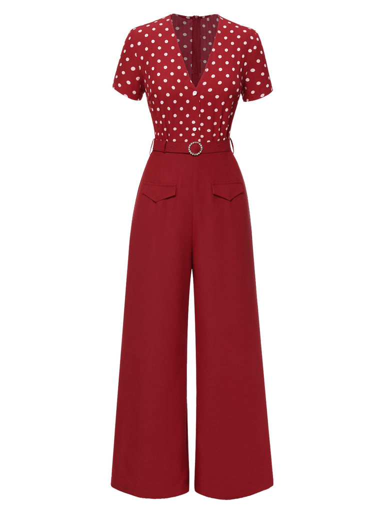 [Pre-Sale] Red 1960s Polka Dot Deep V Jumpsuit