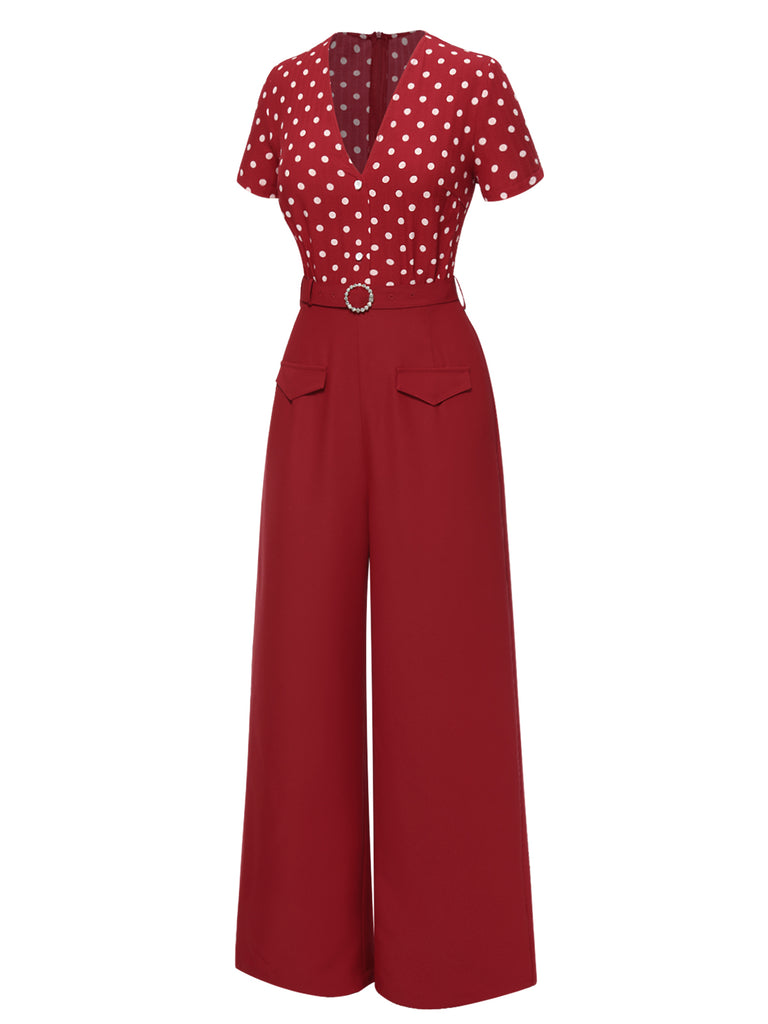 [Pre-Sale] Red 1960s Polka Dot Deep V Jumpsuit