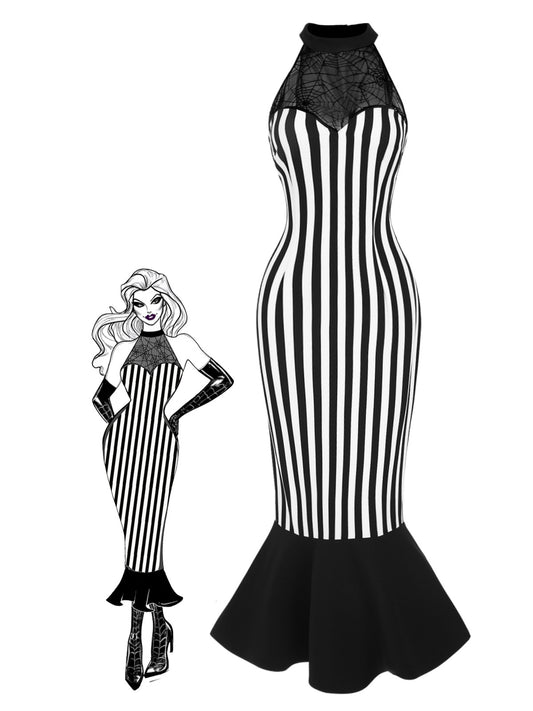 [Pre-Sale] Black 1930s Spiderweb Mesh Stripe Fishtail Dress