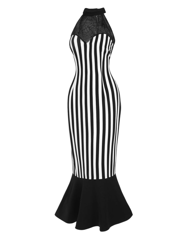 [Pre-Sale] Black 1930s Spiderweb Mesh Stripe Fishtail Dress