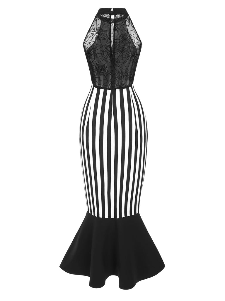 [Pre-Sale] Black 1930s Spiderweb Mesh Stripe Fishtail Dress