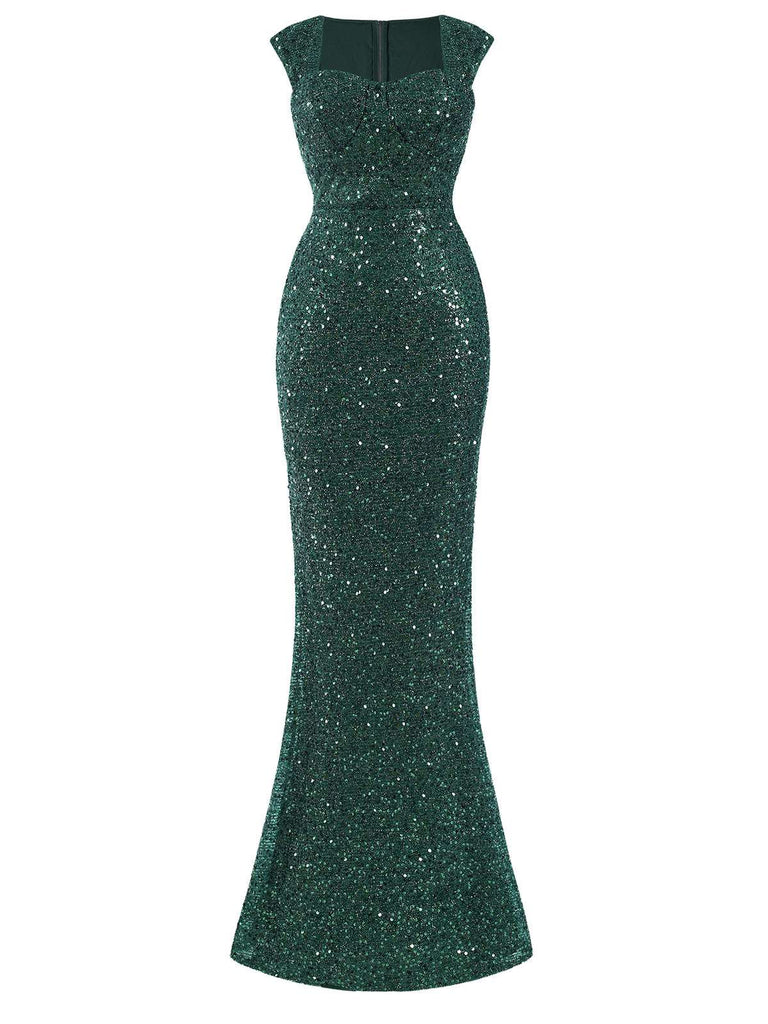 Green 1930s Sequined Glitter Prom Mermaid Dress