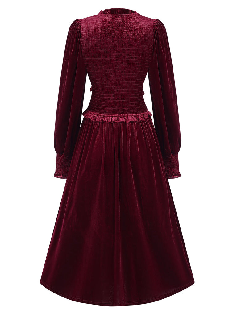 Wine Red 1940s Long Sleeves Velvet Ruched Dress