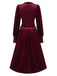 Wine Red 1940s Long Sleeves Velvet Ruched Dress