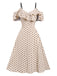 Beige 1940s Spaghetti Strap Cold-Shoulder Polka Dots Dress