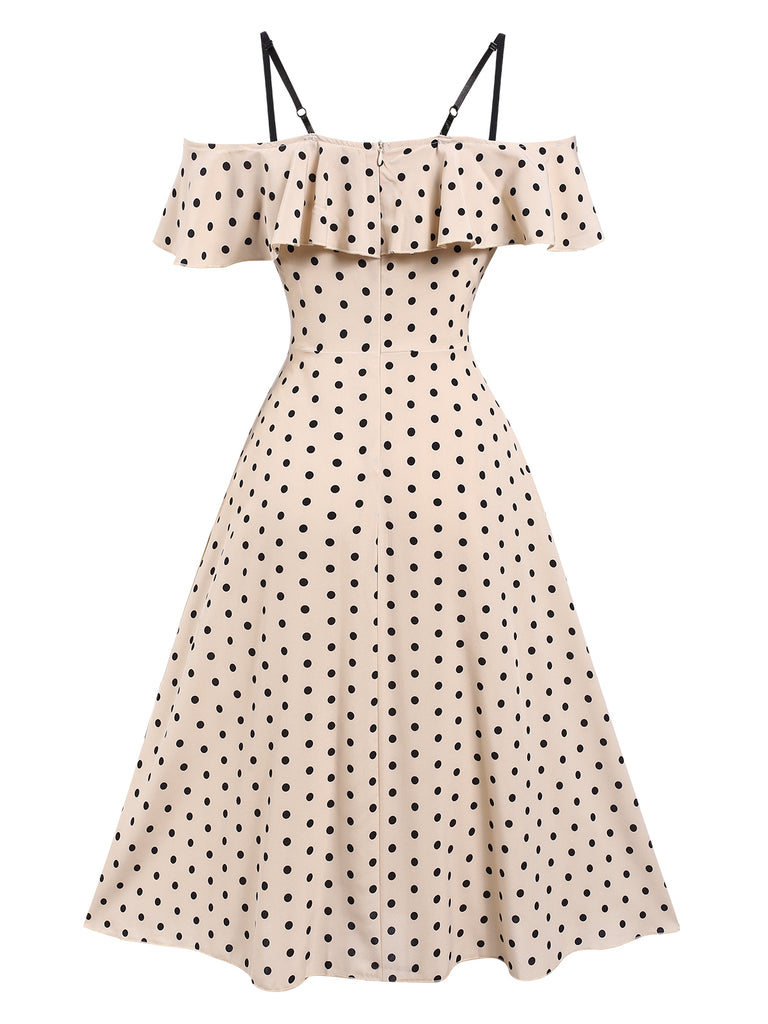 Beige 1940s Spaghetti Strap Cold-Shoulder Polka Dots Dress