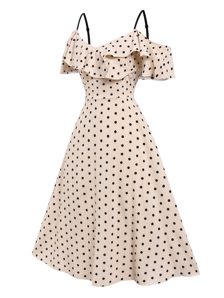 Beige 1940s Spaghetti Strap Cold-Shoulder Polka Dots Dress