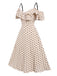 Beige 1940s Spaghetti Strap Cold-Shoulder Polka Dots Dress