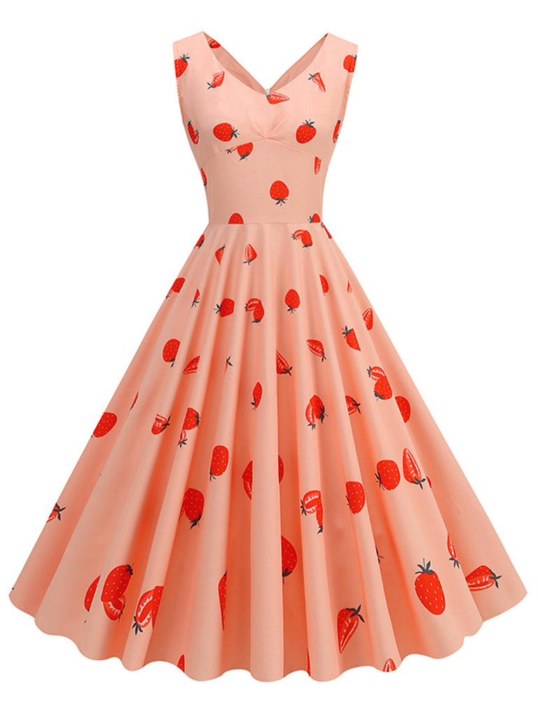 Pink 1950s Strawberry Sleeveless Swing Dress