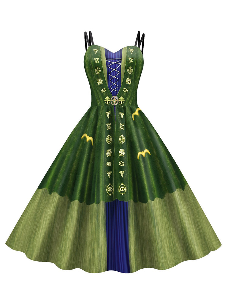 Green 1950s Halloween Double Straps Patchwork Dress