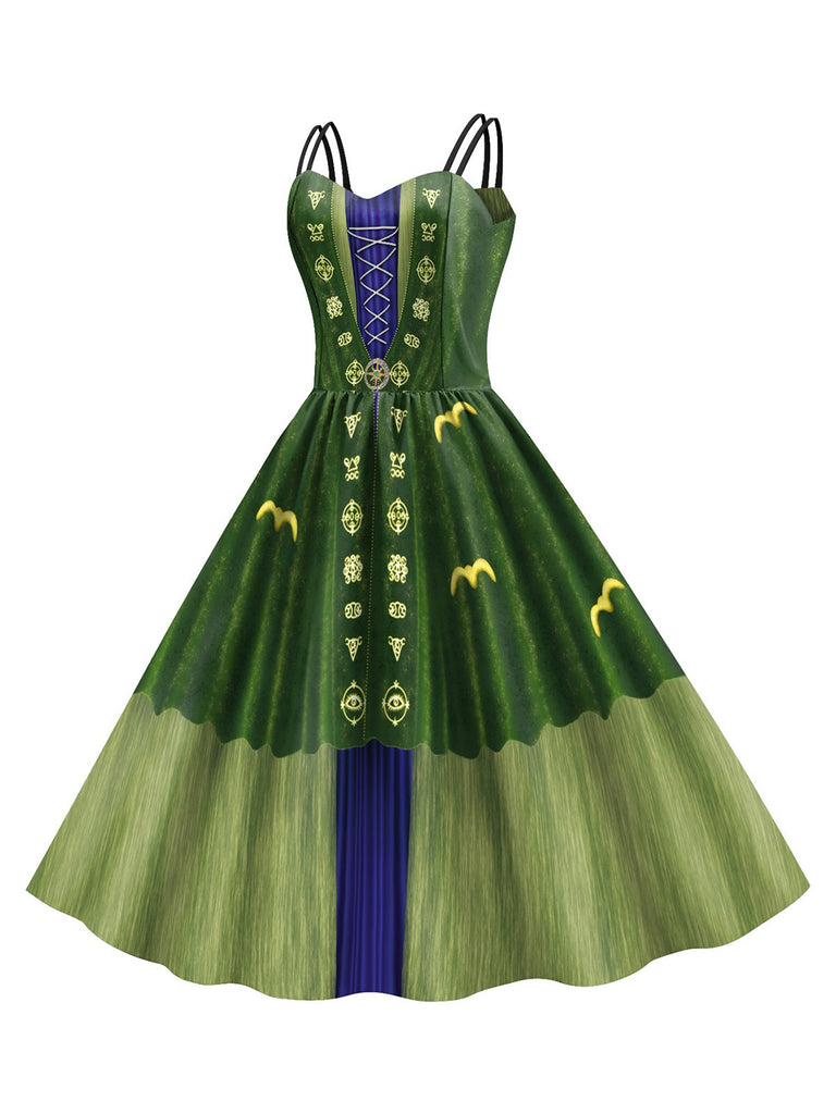 Green 1950s Halloween Double Straps Patchwork Dress