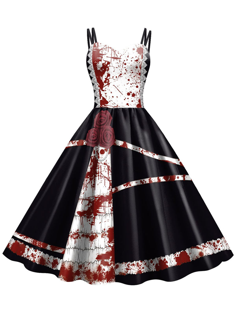 1950s Halloween Roses Blood Double Straps Dress