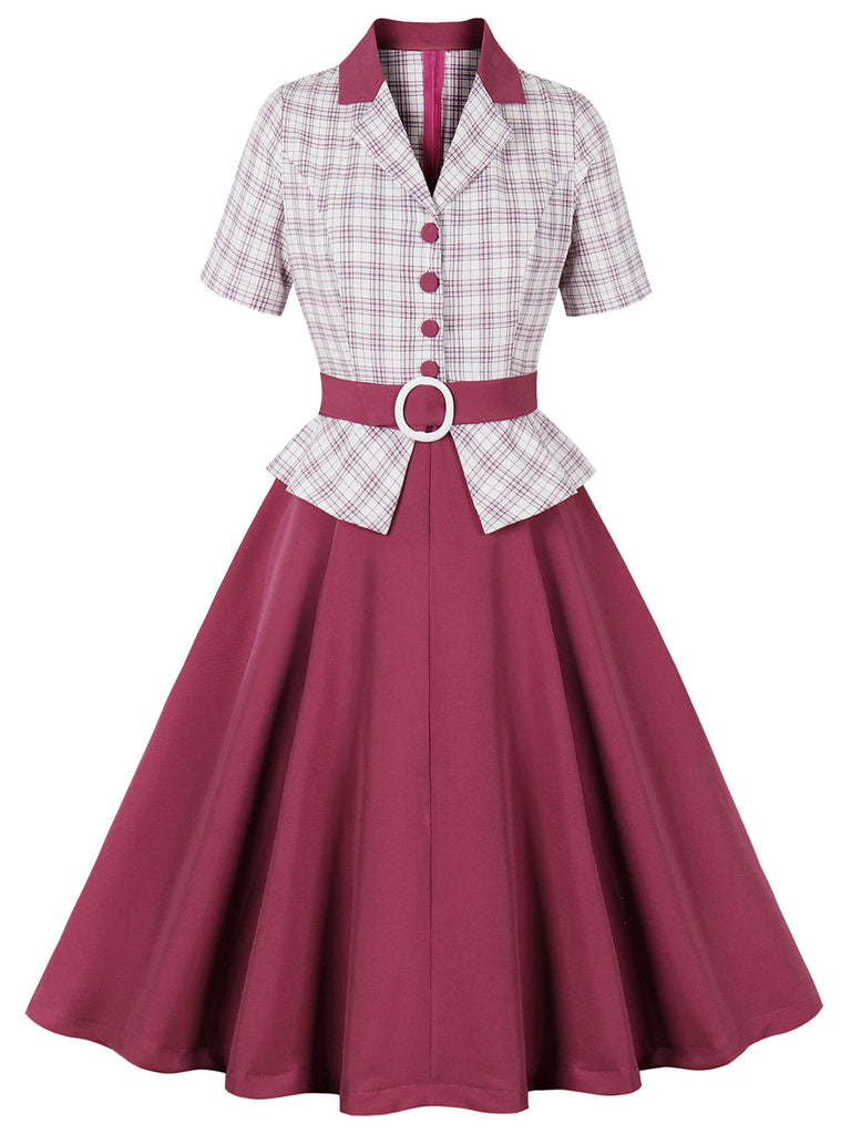 1950s Lapel Glen Check Belted Dress