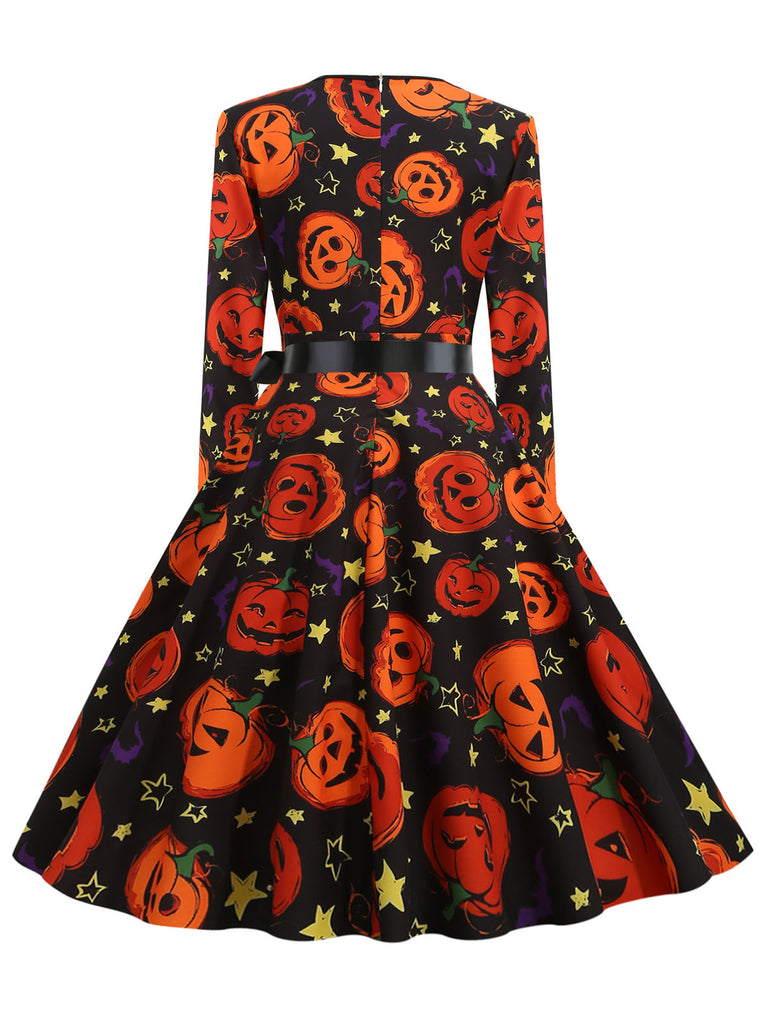 1950s V-Neck Halloween Pumpkin Skull Dress